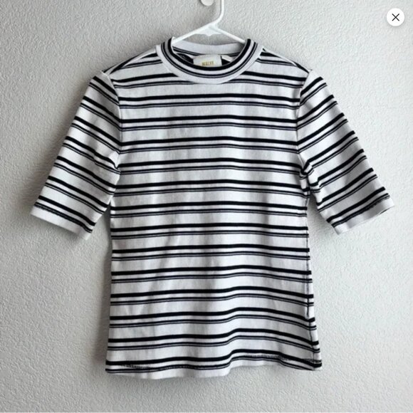 Anthropologie Tops - Maeve Anthropologie mock neck ribbed striped short sleeve top Small S